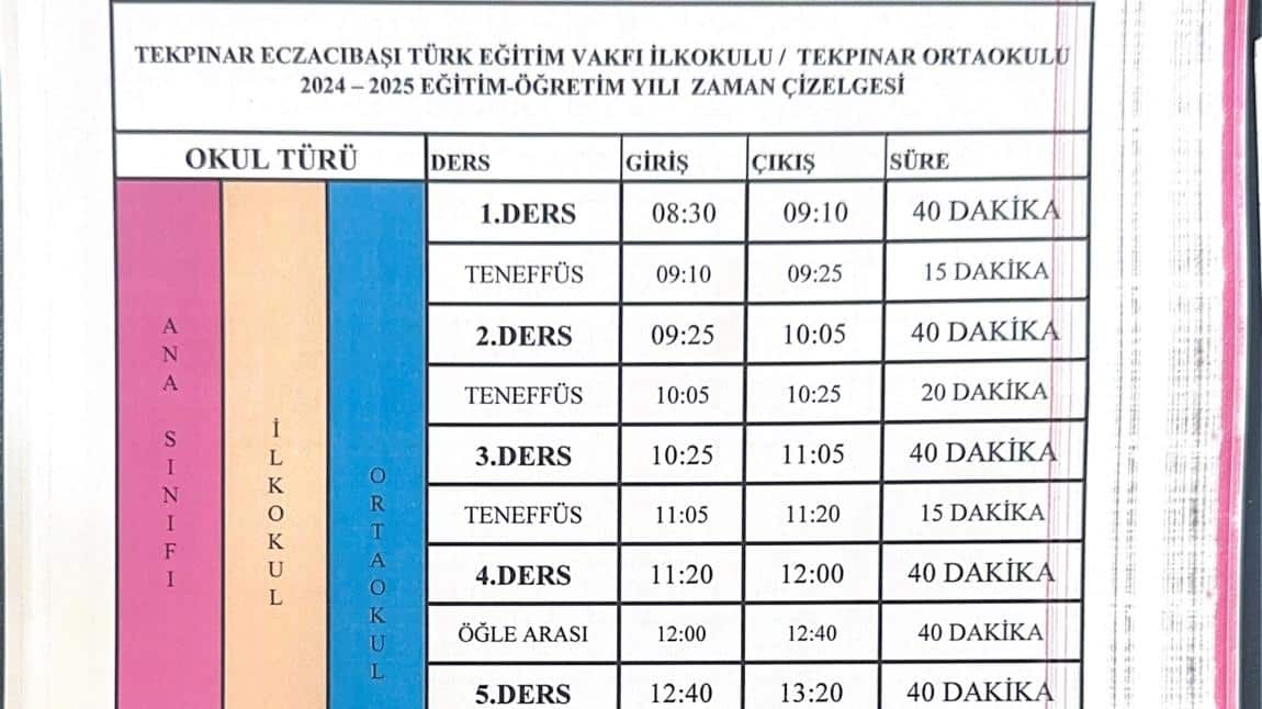 2024/2025 EĞİTİM-ÖĞRETİM YILI ZAMAN ÇİZELGESİ